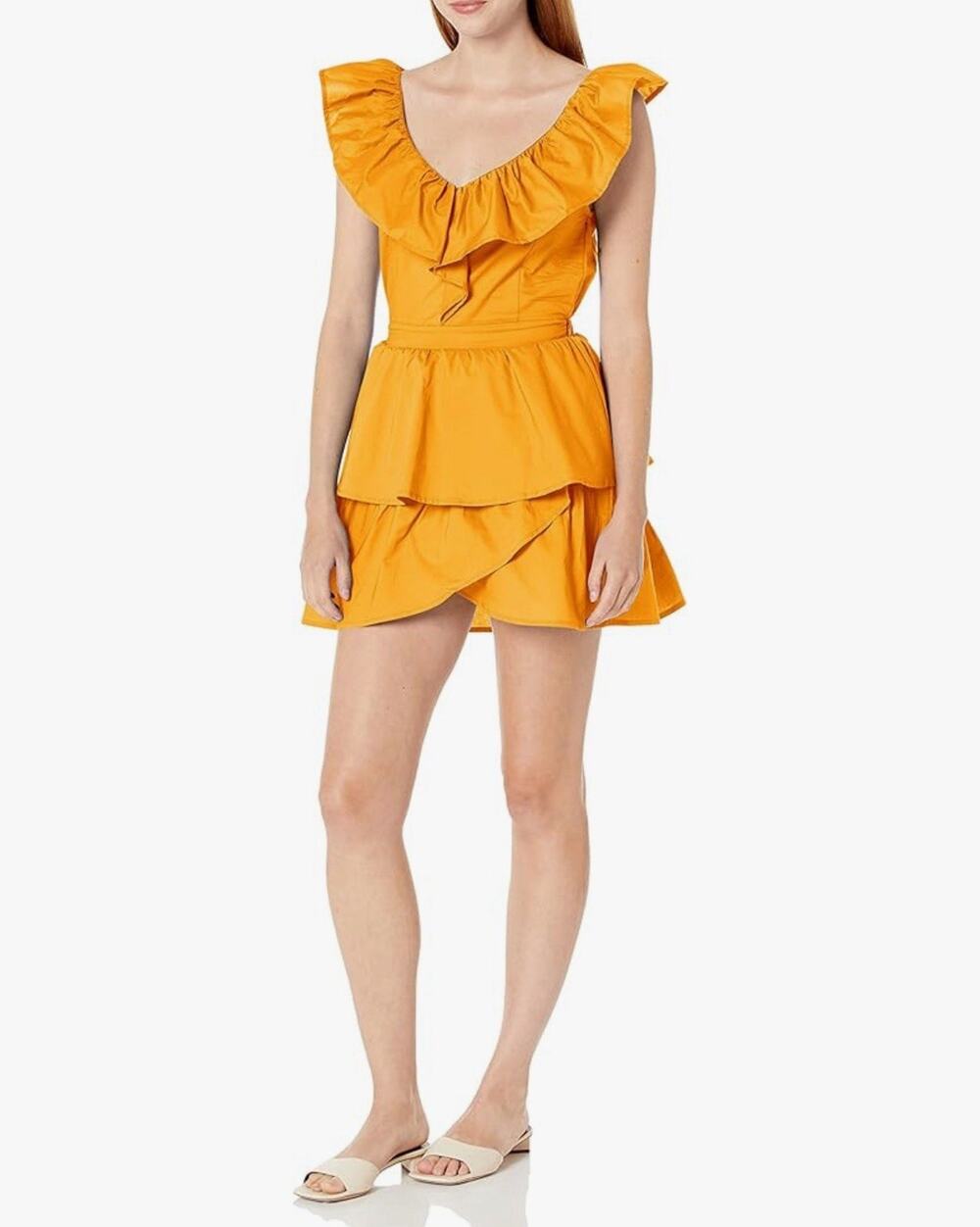 BB Dakota Summer Sunset Dress Women’s S Yellow Orange Ruffle NWT